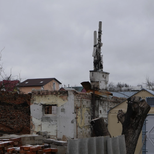 Street of destroyed homes in the eastern part of Chernihiv.